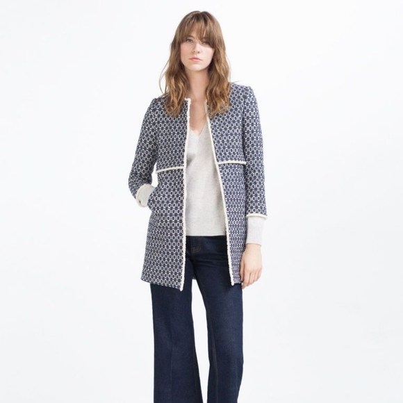 Zara That Viral Coat Blue White Tweed Frayed Size Large - Picture 2 of 7